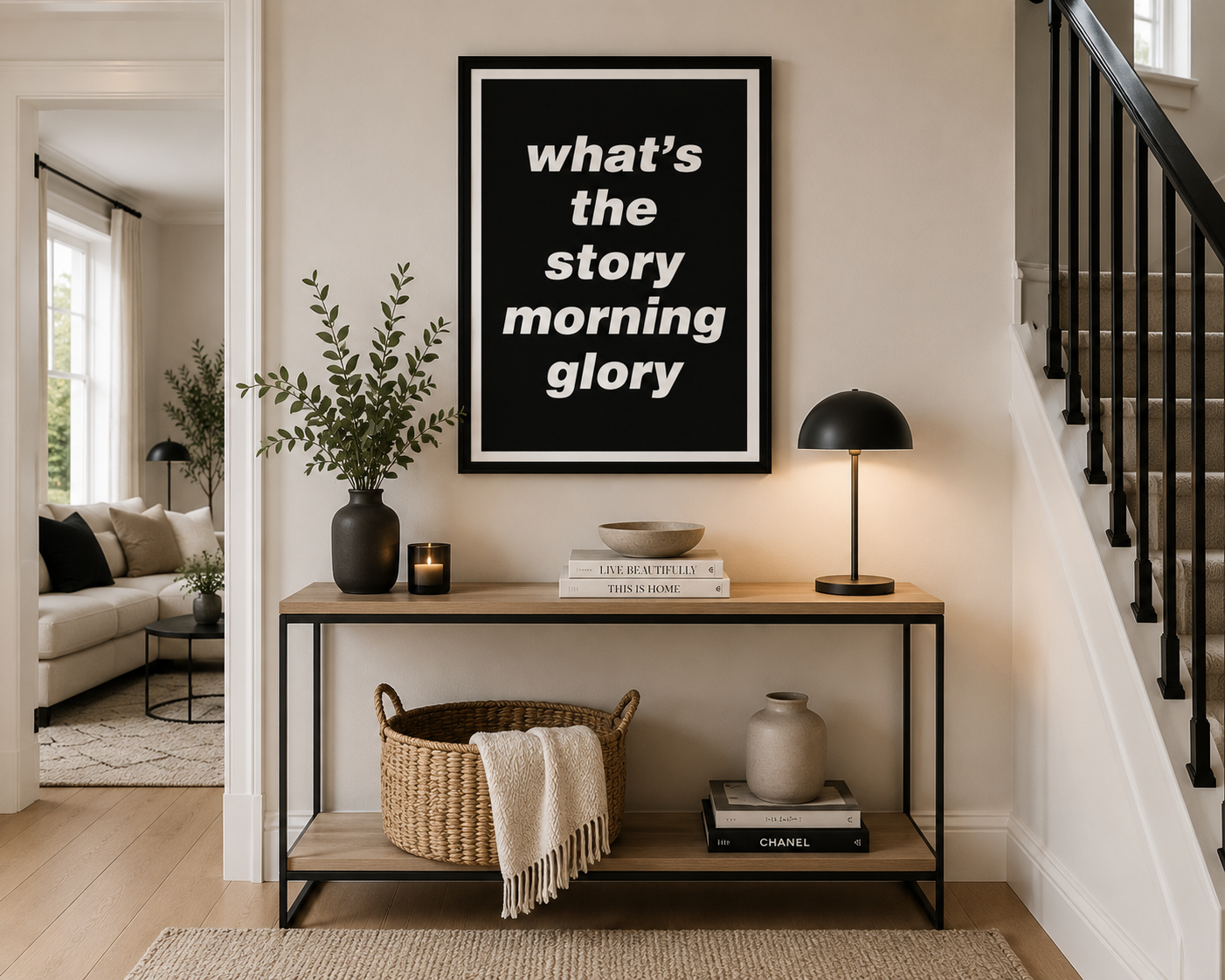 Oasis-inspired What's The Story Morning Glory typography print hanging in a modern home music studio with guitars, recording equipment and minimalist styling.