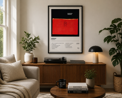 Framed Radiohead Amnesiac album artwork displayed in a bright contemporary living room with neutral modern décor.