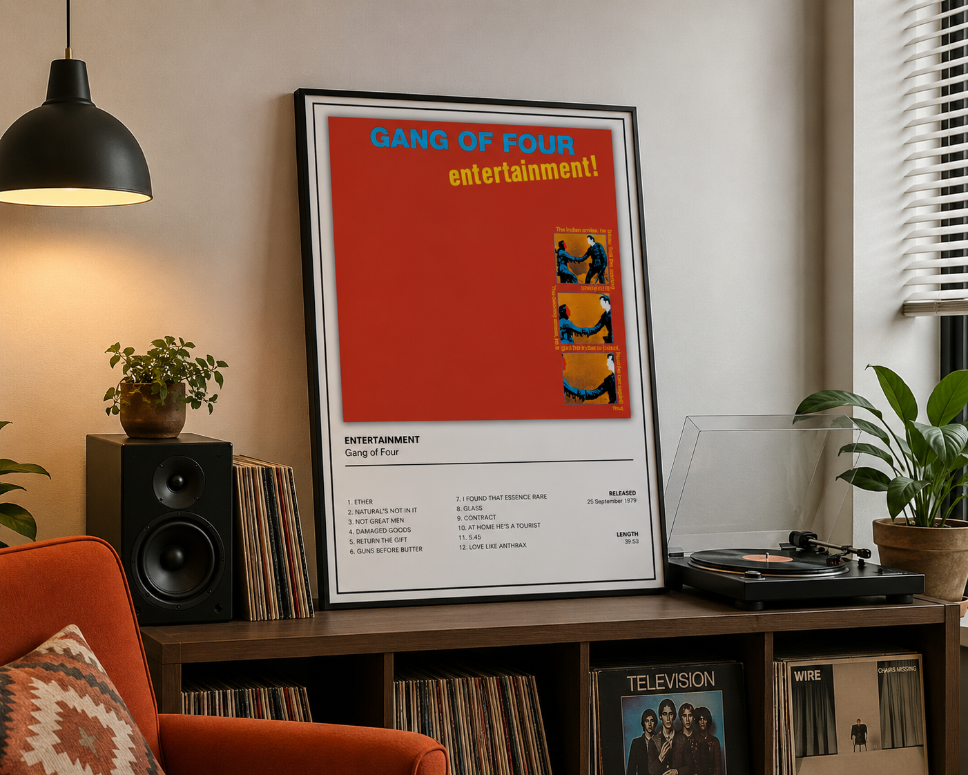 Framed Gang of Four Entertainment! wall art inspired by the classic 1979 post-punk album, perfect for vinyl collectors, alternative music fans and contemporary interiors.