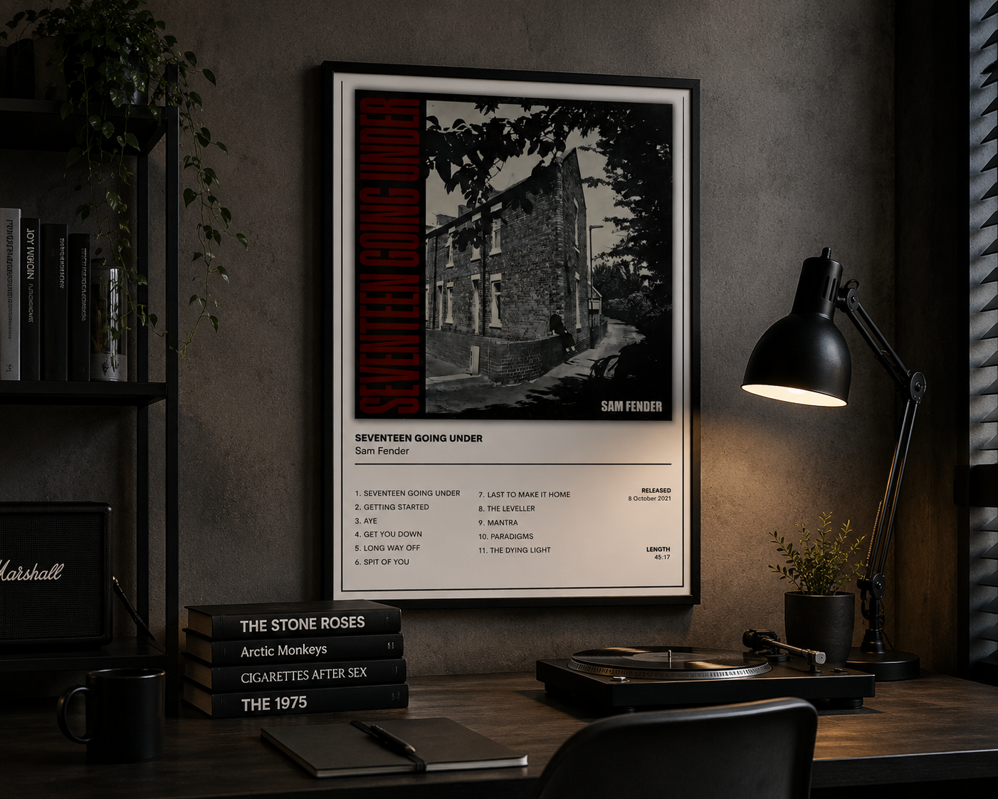 Framed Sam Fender Seventeen Going Under wall art inspired by the award-winning indie rock album, perfect for vinyl collectors and music lovers.