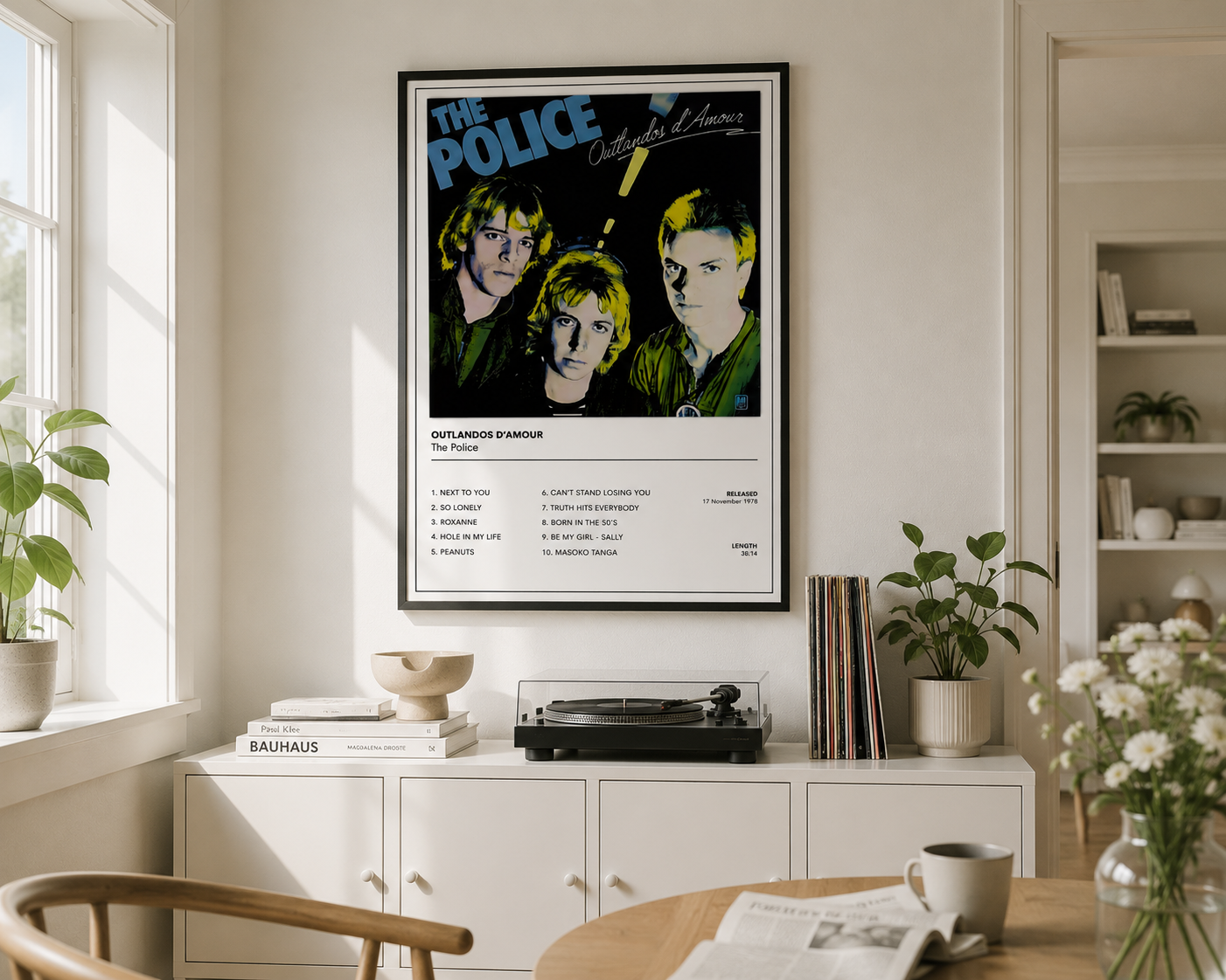 Framed Outlandos d'Amour wall art by The Police, showcasing the classic debut album artwork, perfect for rock music fans and record collectors.