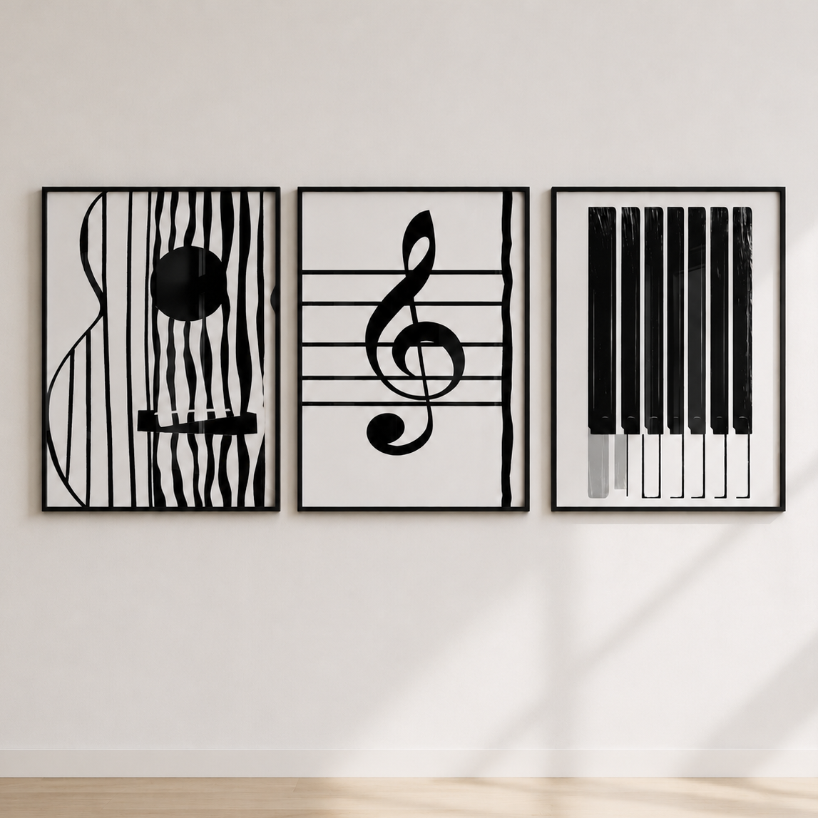 Abstract music wall art set of three featuring piano keys, treble clef and modern monochrome musical artwork in black frames.