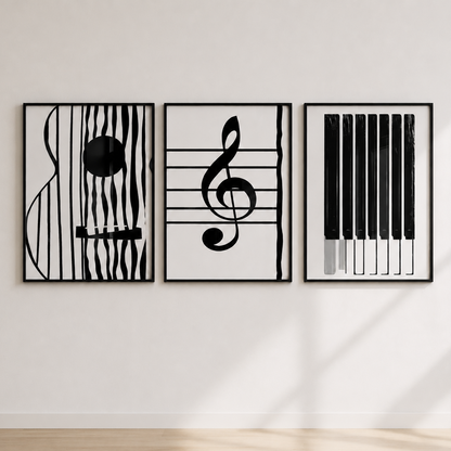 Abstract music wall art set of three featuring piano keys, treble clef and modern monochrome musical artwork in black frames.