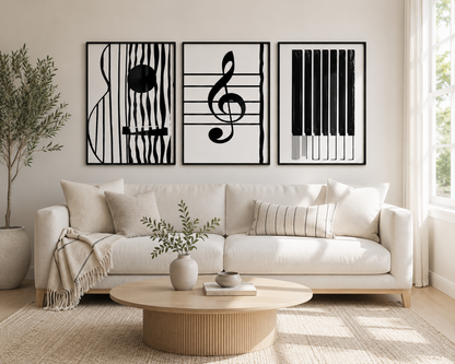 Minimalist black and white music print collection with abstract piano-inspired artwork for Scandinavian and modern interiors.