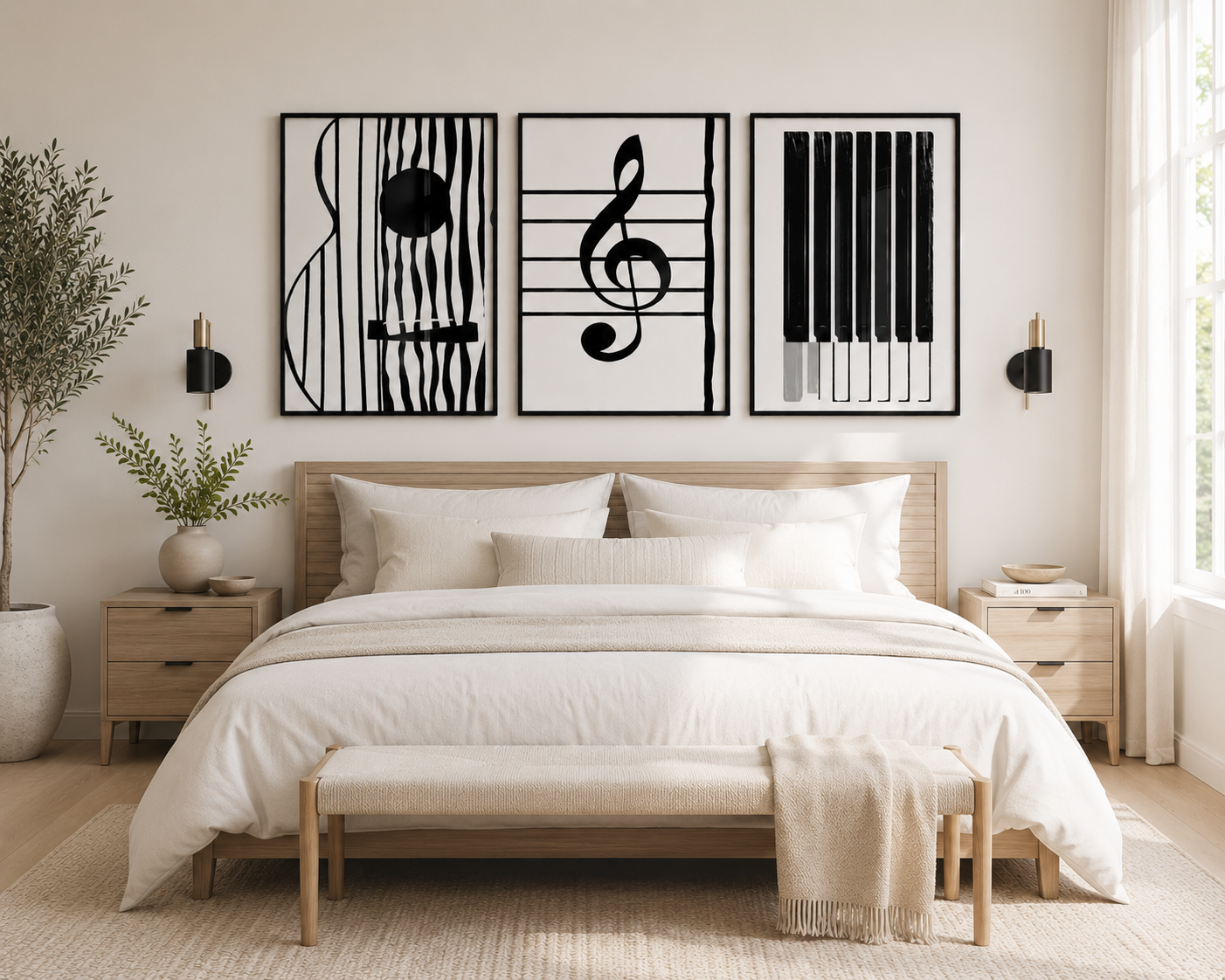 Modern music gallery wall featuring three contemporary monochrome prints with piano keys and treble clef designs for stylish home décor.