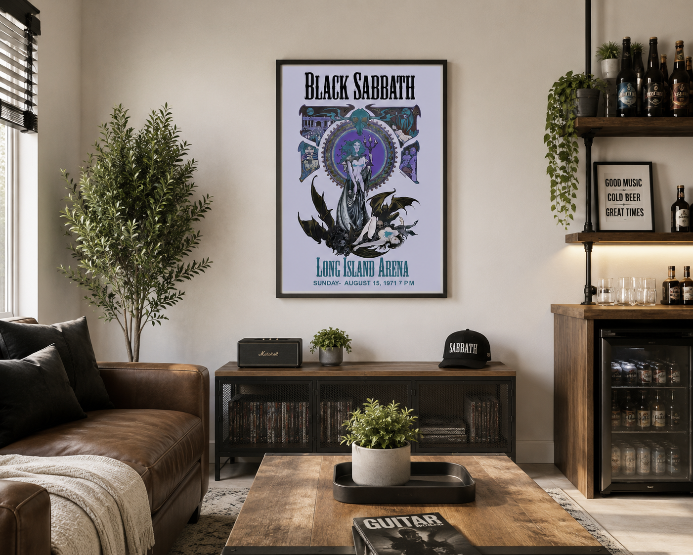Black Sabbath heavy metal wall art displayed in a bright modern man cave with industrial décor and home bar styling.