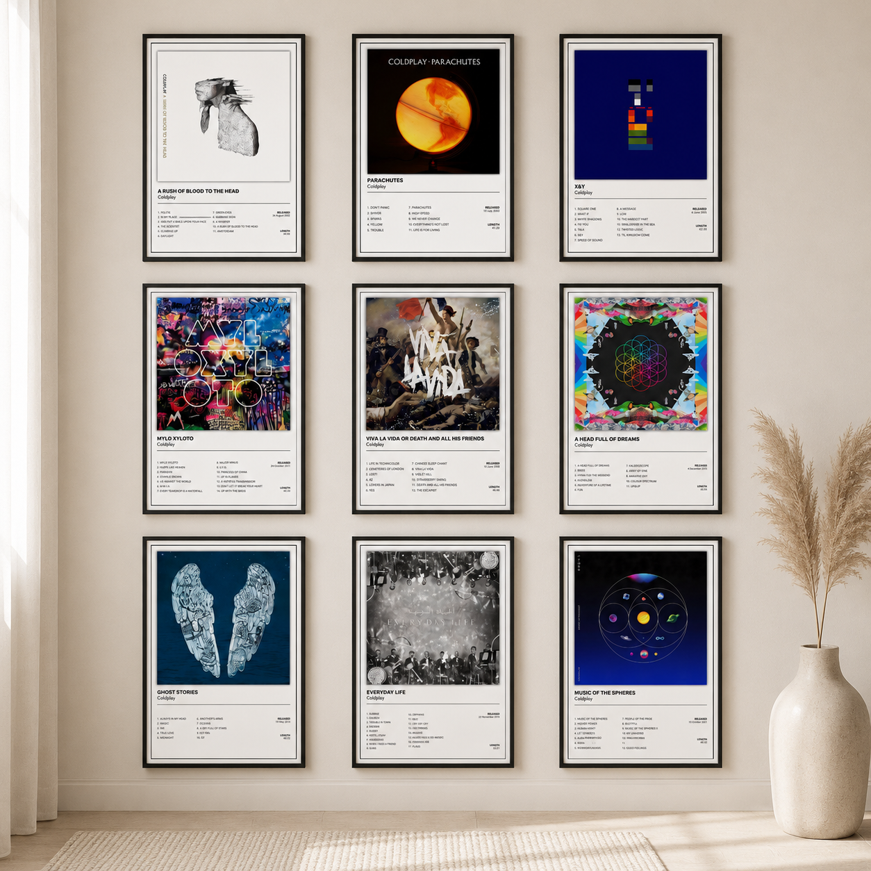 Complete Coldplay album poster collection featuring ten iconic album cover prints with full track listings in matching black frames, including Parachutes, A Rush of Blood to the Head, X&Y, Viva La Vida, Mylo Xyloto, Ghost Stories, A Head Full of Dreams, Everyday Life, Music of the Spheres and Moon Music. Perfect for modern music lovers and gallery walls.