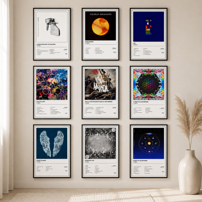 Complete Coldplay album poster collection featuring ten iconic album cover prints with full track listings in matching black frames, including Parachutes, A Rush of Blood to the Head, X&Y, Viva La Vida, Mylo Xyloto, Ghost Stories, A Head Full of Dreams, Everyday Life, Music of the Spheres and Moon Music. Perfect for modern music lovers and gallery walls.