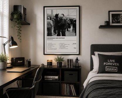 Minimalist Stereophonics album poster with Performance and Cocktails artwork, framed in black and styled in a contemporary home interior.