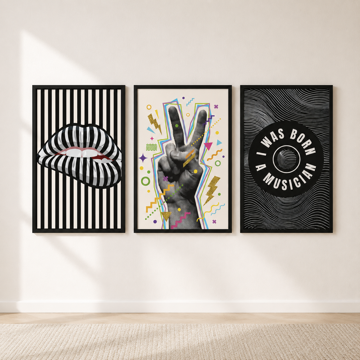 Set of three modern music wall art prints featuring pop art, monochrome lips and music typography displayed in a stylish recording studio.