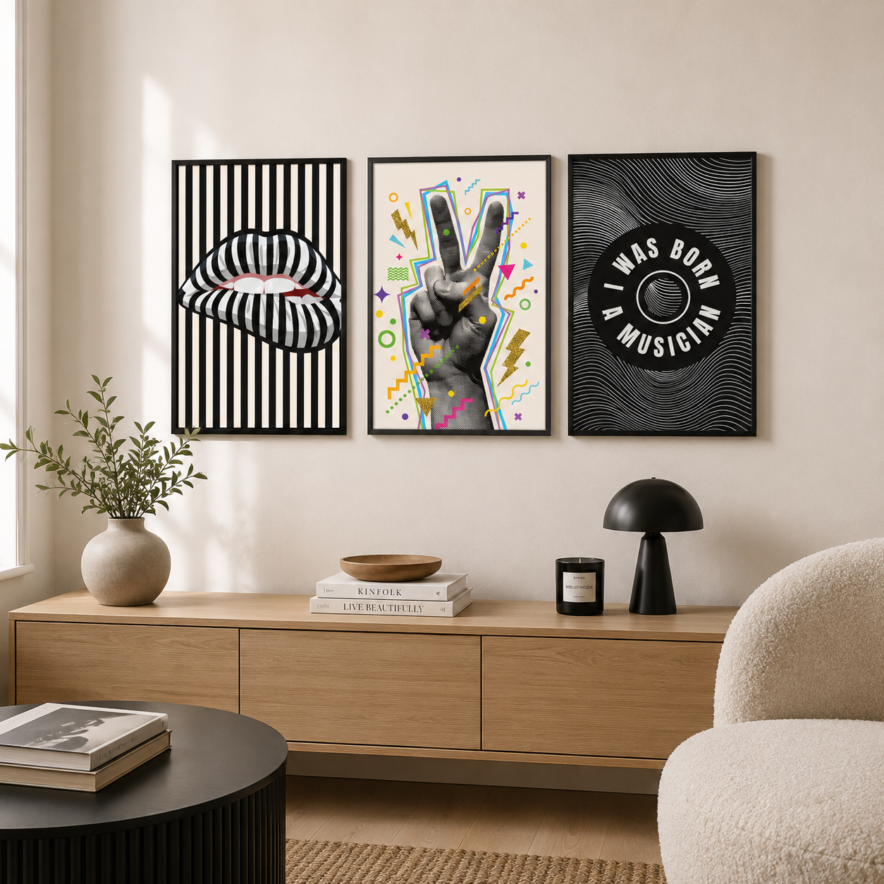 Contemporary gallery wall featuring colourful abstract peace artwork, striped lips print and musician typography in matching black frames.