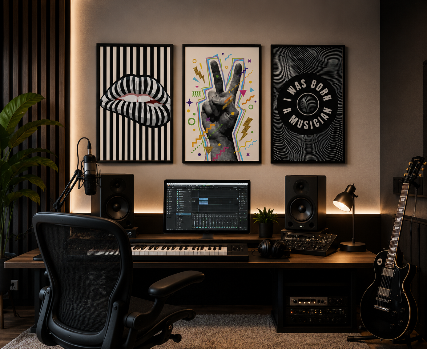Modern music studio wall decorated with three coordinated pop art prints, perfect for musicians, producers, DJs and creative workspaces.