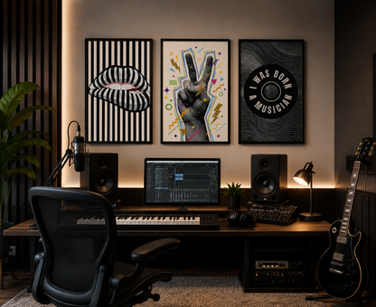 Modern music studio wall decorated with three coordinated pop art prints, perfect for musicians, producers, DJs and creative workspaces.