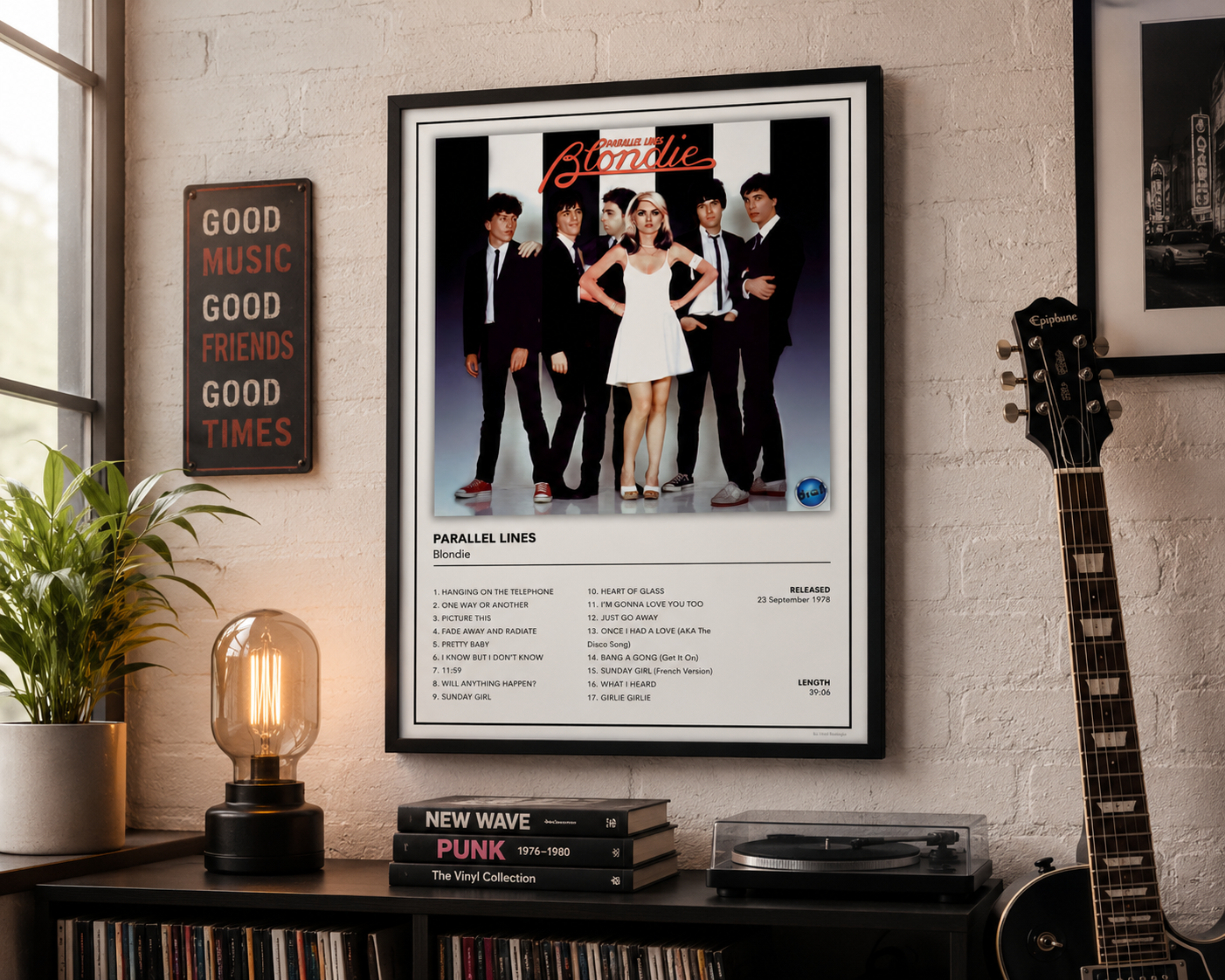 Blondie Parallel Lines album tracklist wall art displayed in a stylish home music studio above a vinyl record player, surrounded by guitars, records and modern music-inspired décor.