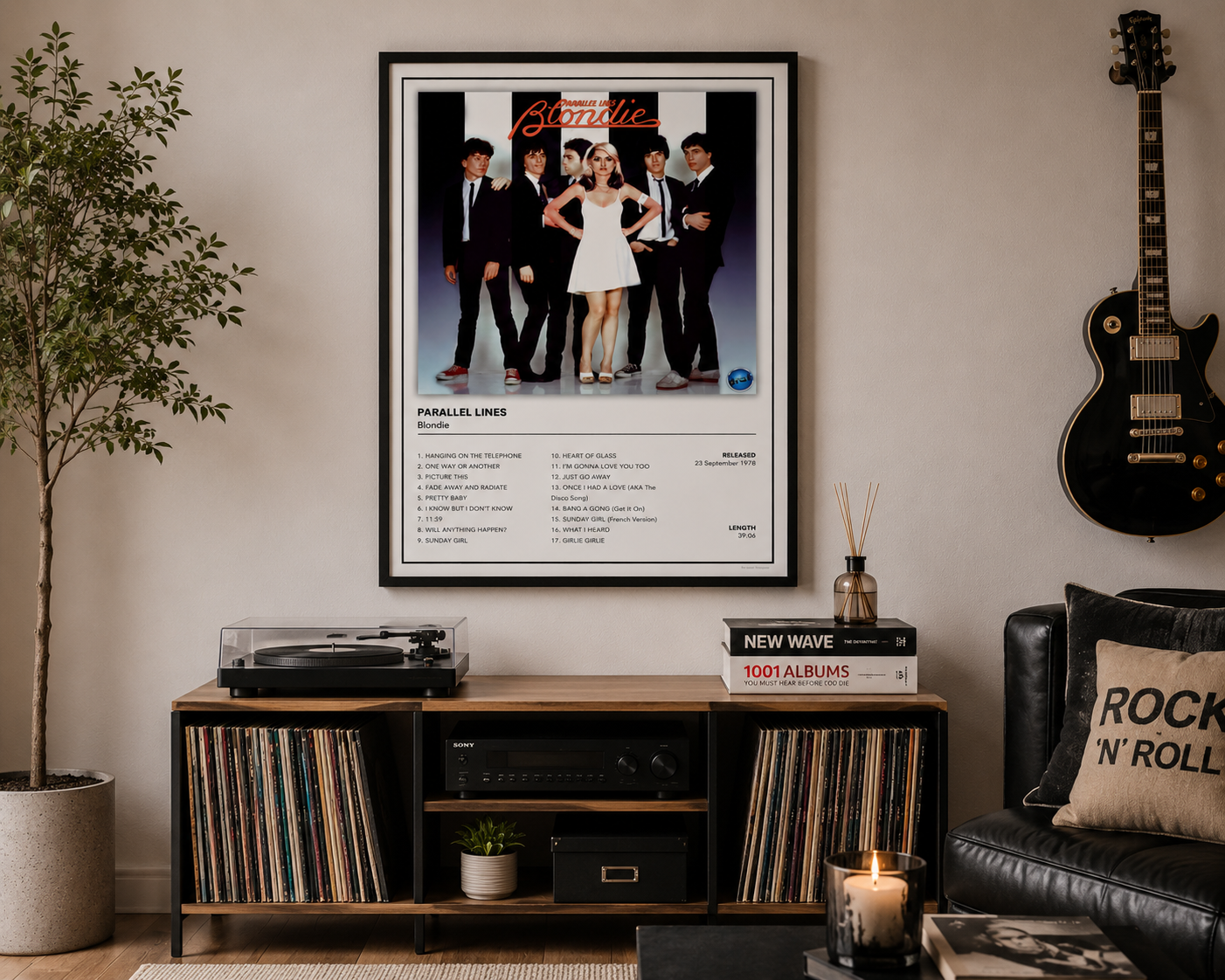 Framed Blondie Parallel Lines album poster hanging above a contemporary record cabinet in a modern living room with vinyl storage, turntable and subtle retro-inspired furnishings.