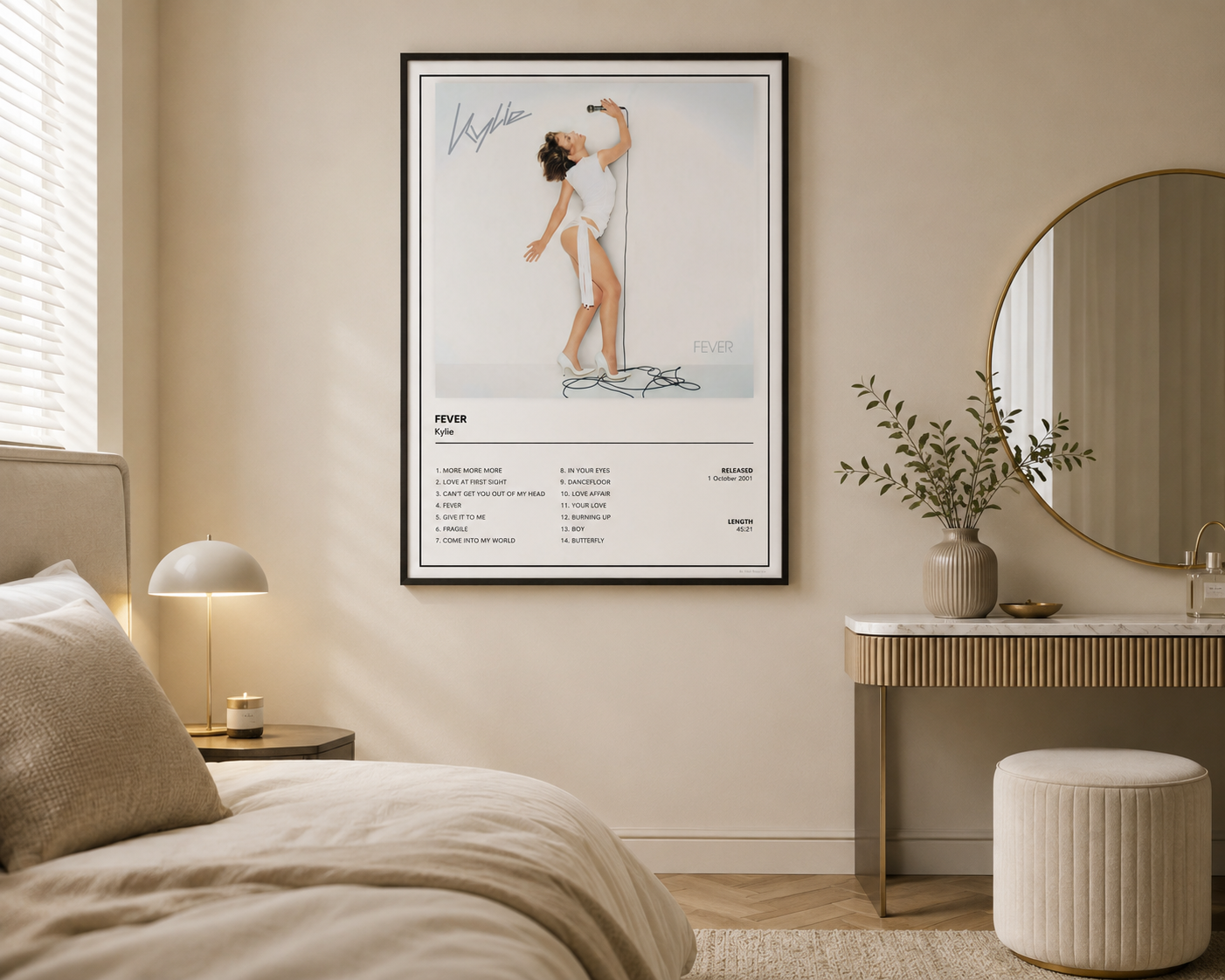 Kylie Minogue Fever album tracklist wall art displayed above a modern vanity in a luxurious dressing room, styled with soft neutral décor and elegant contemporary furnishings.