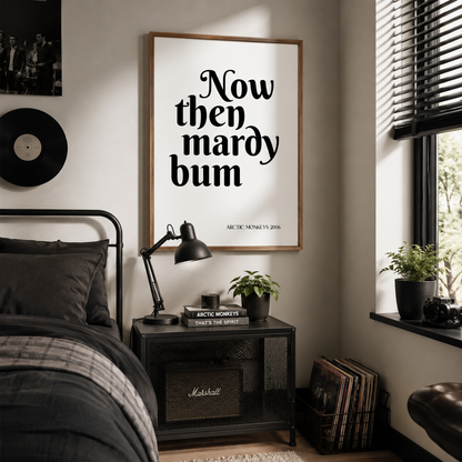 Black and white indie rock typography print inspired by Arctic Monkeys' Mardy Bum, displayed in a modern oak frame.
