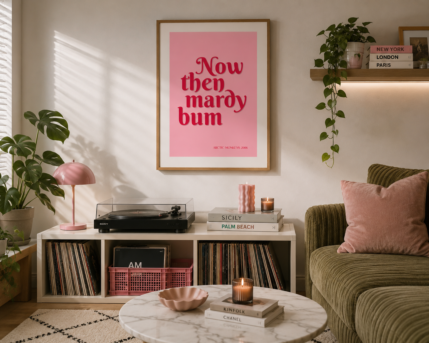 Minimalist Arctic Monkeys "Now Then Mardy Bum" pink typography poster in an oak frame, perfect for indie rock fans and modern gallery walls.