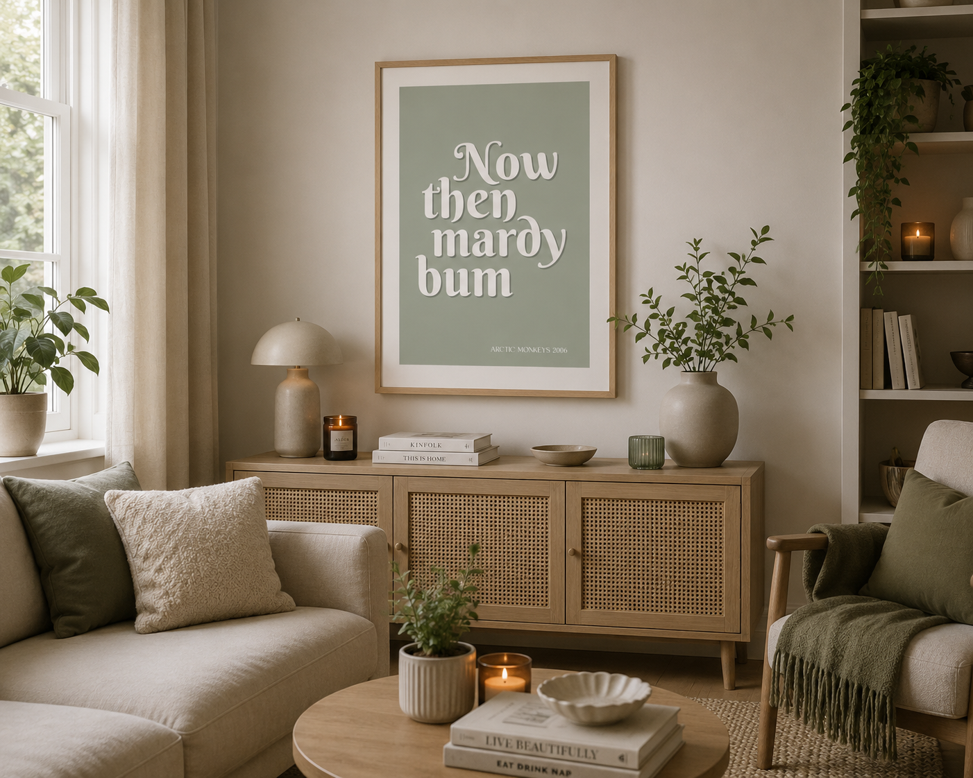 Minimalist sage green Arctic Monkeys lyric wall art featuring elegant cream typography in a contemporary oak frame.