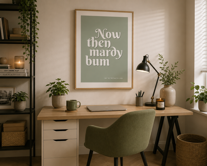 Modern Arctic Monkeys "Now Then Mardy Bum" sage green typography poster framed in natural wood, ideal for Scandinavian, Japandi and minimalist home décor.