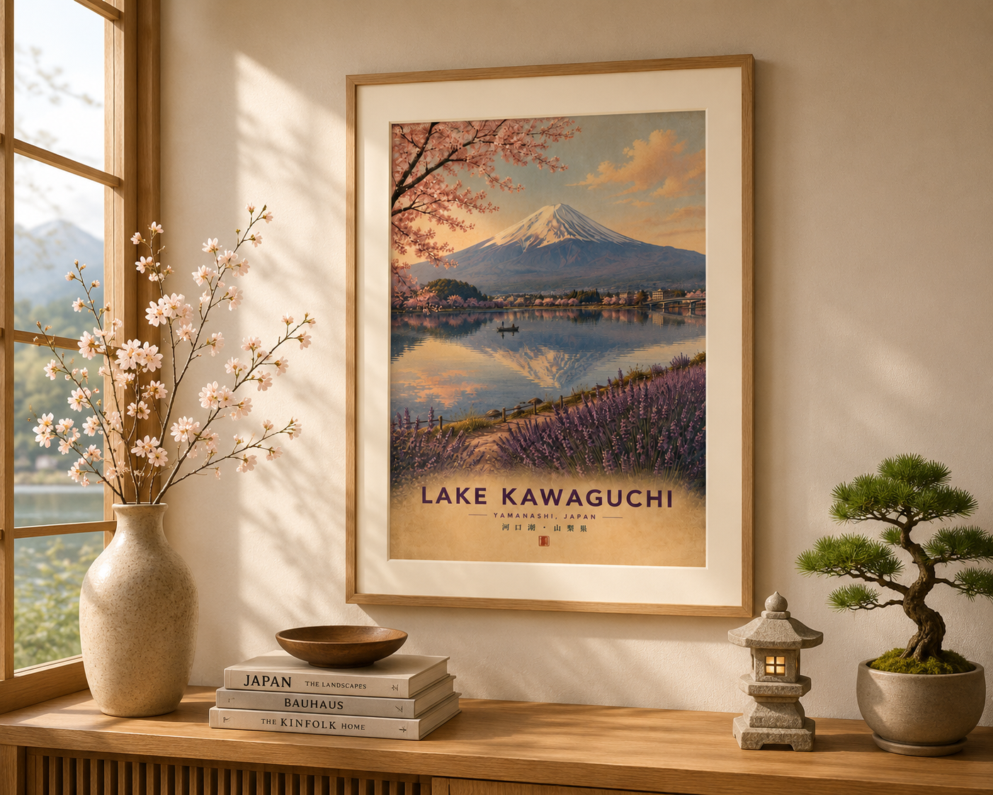 Vintage-inspired Japanese travel poster of Lake Kawaguchi and Mount Fuji with cherry blossoms and lavender fields. Unframed wall art from the collectible Japanese Landmarks Collection.