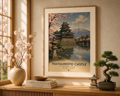 Vintage Japanese travel poster featuring Matsumoto Castle in Nagano surrounded by cherry blossoms and peaceful reflections. Unframed wall art from the collectible Japanese Landmarks Collection.