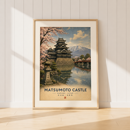 Unframed Matsumoto Castle wall art featuring cherry blossom trees, tranquil waters and mountain scenery in Nagano, Japan. Vintage-inspired Japanese travel poster from the Japanese Landmarks Collection by KG Print Boutique.