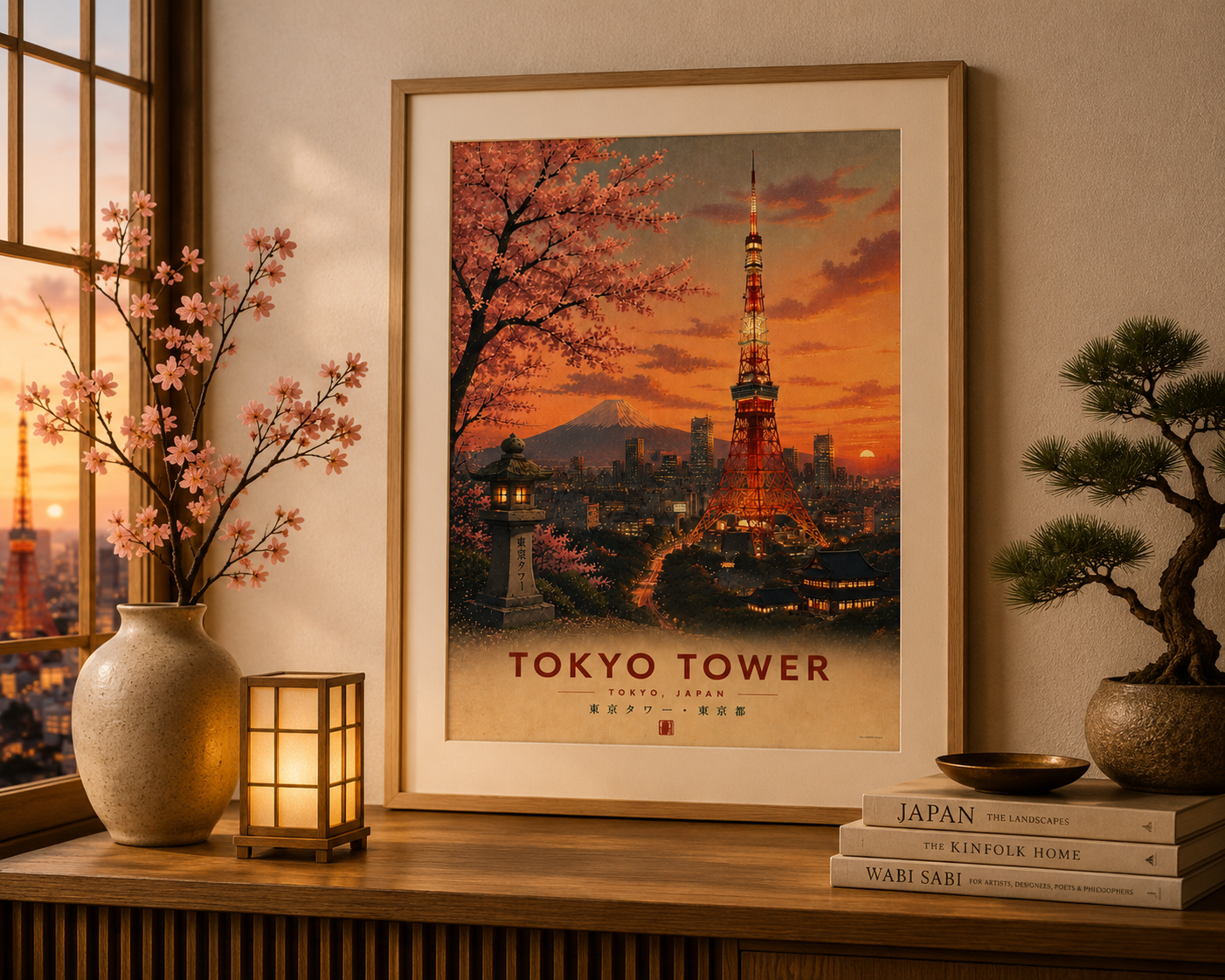 Vintage Japanese travel poster featuring Tokyo Tower illuminated against a sunset sky with Mount Fuji in the distance. Unframed wall art from the collectible Japanese Landmarks Collection.