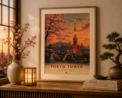 Vintage Japanese travel poster featuring Tokyo Tower illuminated against a sunset sky with Mount Fuji in the distance. Unframed wall art from the collectible Japanese Landmarks Collection.