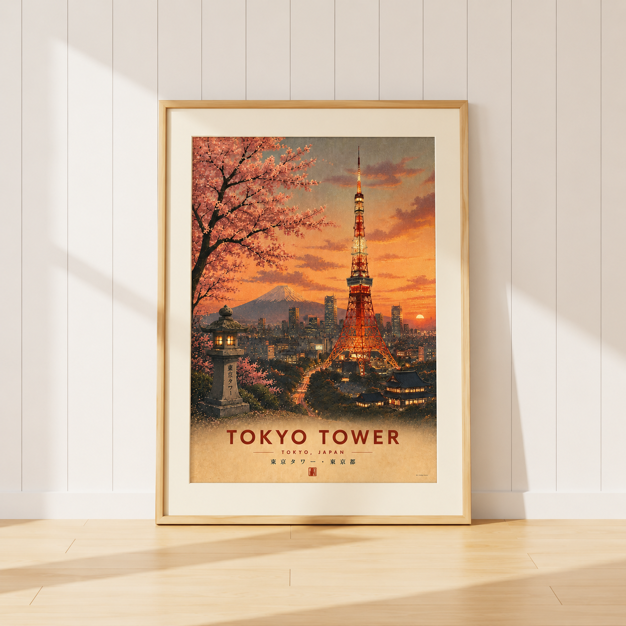 Unframed Tokyo Tower wall art featuring Mount Fuji, cherry blossom trees and the Tokyo skyline at sunset. Vintage-inspired Japanese travel poster from the Japanese Landmarks Collection by KG Print Boutique.