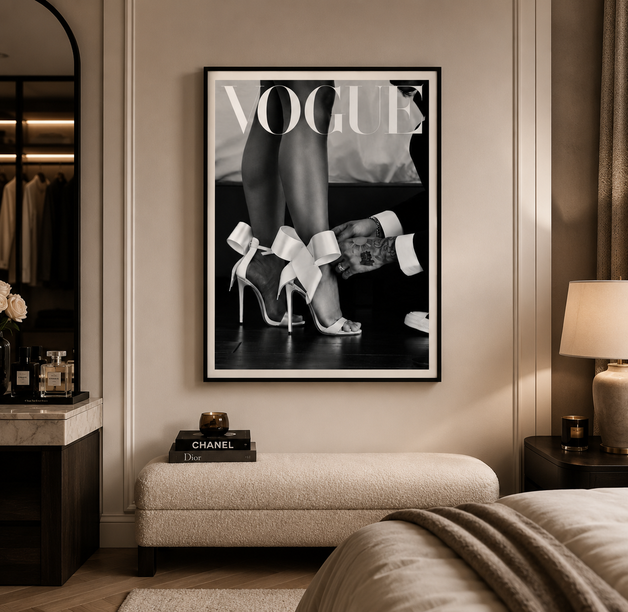 Monochrome fashion wall art for bedrooms and dressing rooms by KG Print Boutique.