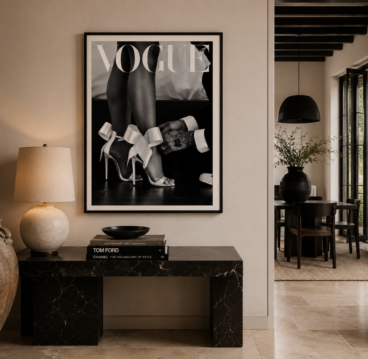 Elegant Vogue style black and white print with luxury boutique hotel aesthetic.