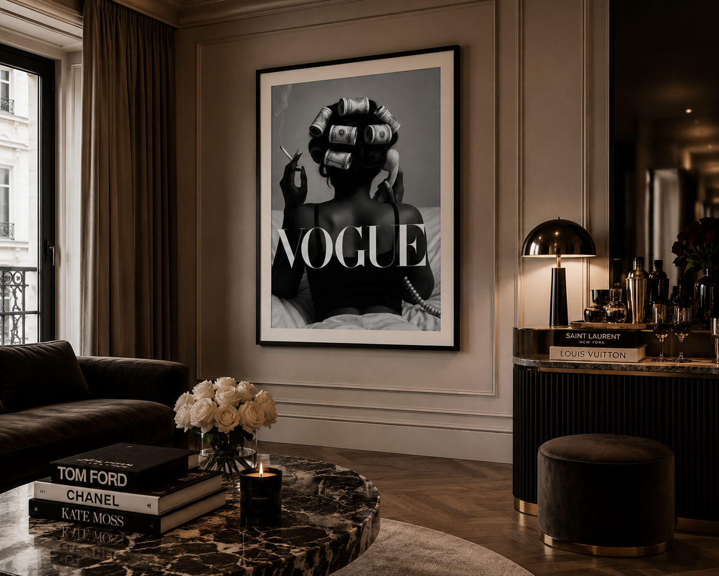 Elegant Vogue style designer-inspired print with luxury boutique hotel aesthetic.