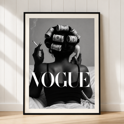 Luxury black and white fashion print with editorial photography style and old money aesthetic.