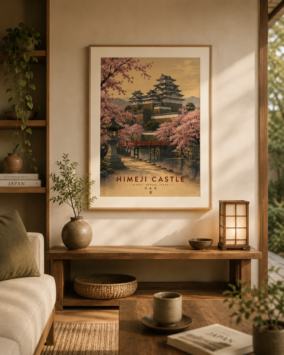 Framed Himeji Castle wall art displayed in a Japandi-inspired interior with warm neutral tones and natural wood furnishings.