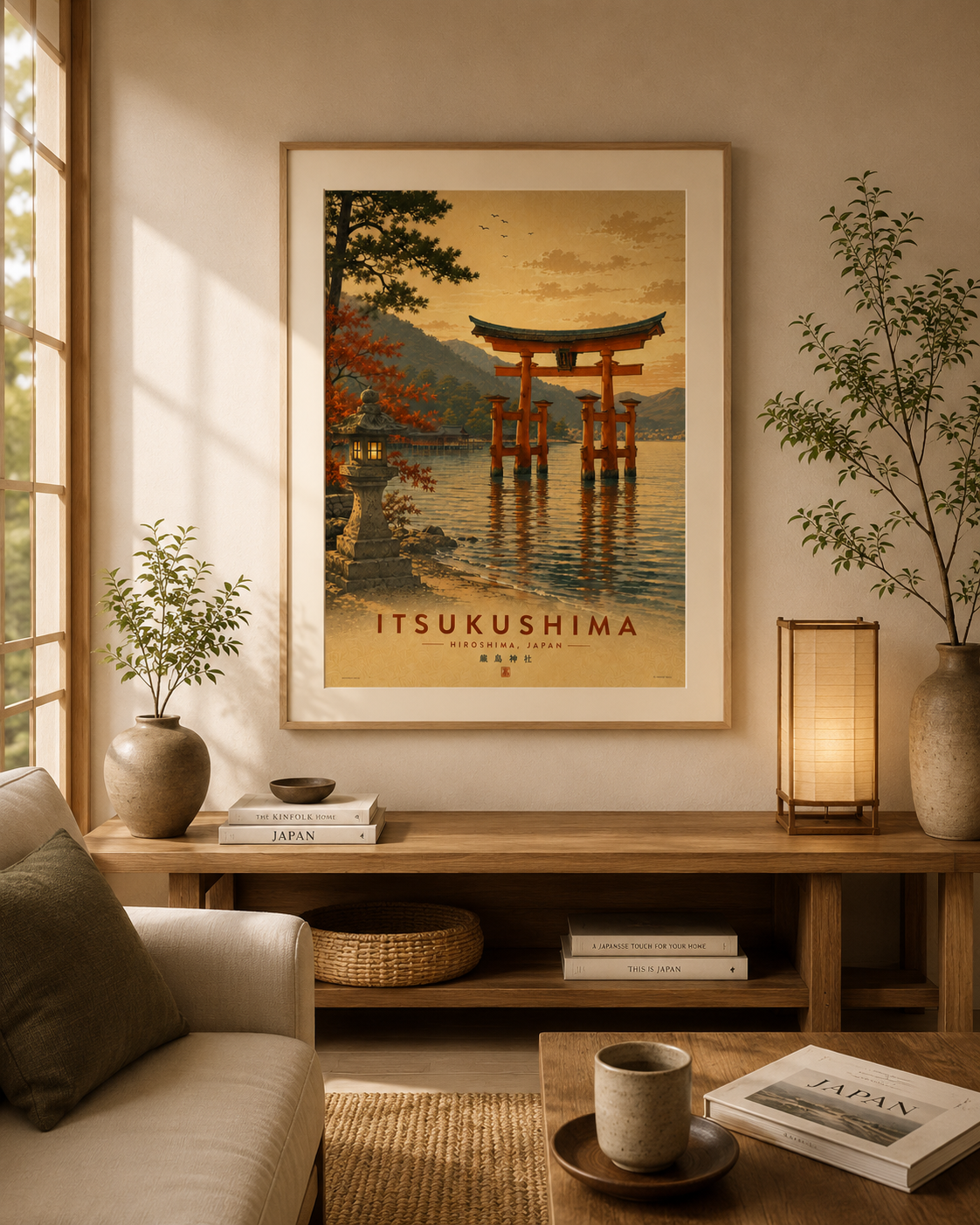 Framed Itsukushima Shrine wall art displayed in a Japandi-inspired interior with natural wood furnishings and warm neutral tones.