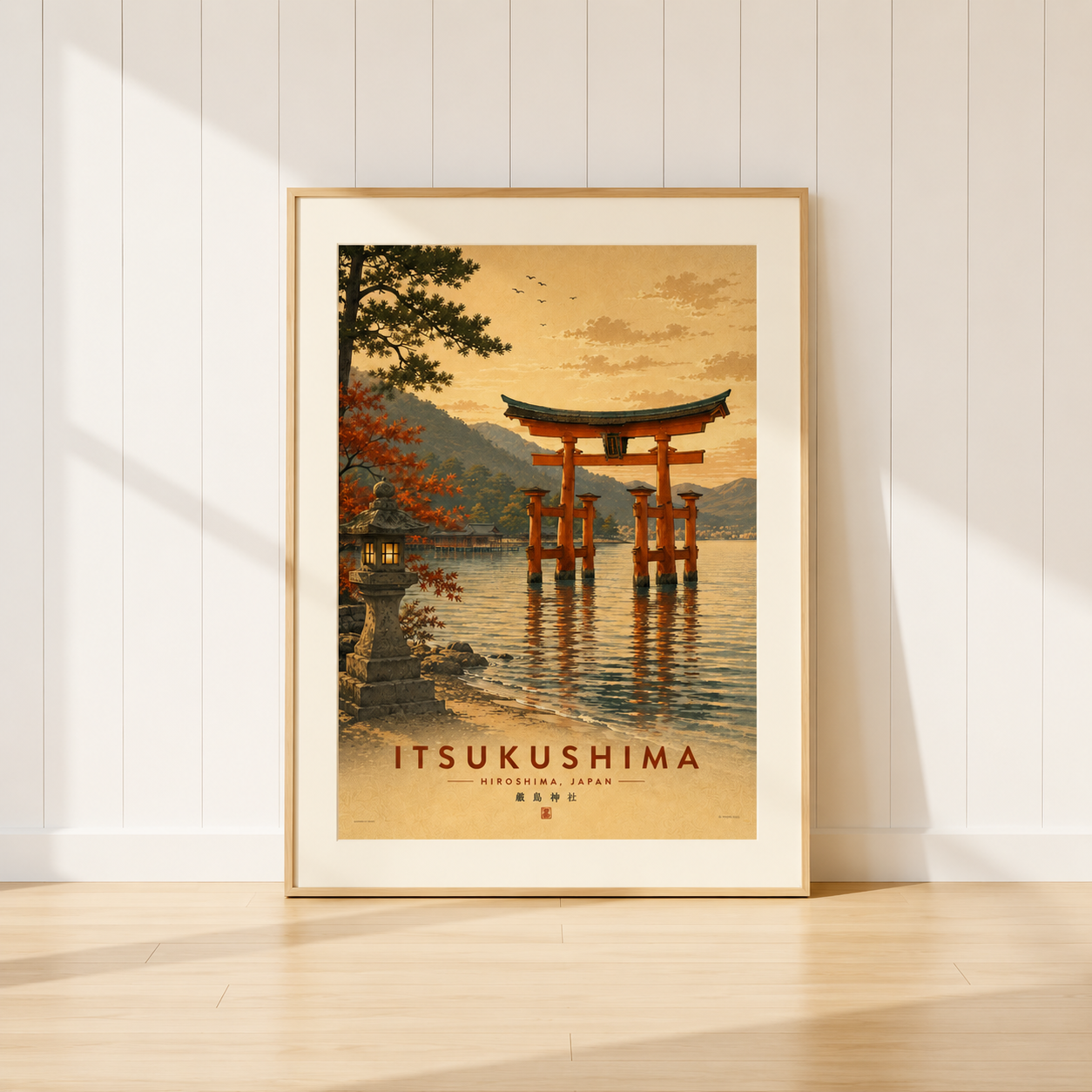 Vintage Itsukushima Shrine travel poster featuring the famous floating torii gate in Hiroshima, Japan, surrounded by calm waters and warm autumn scenery.