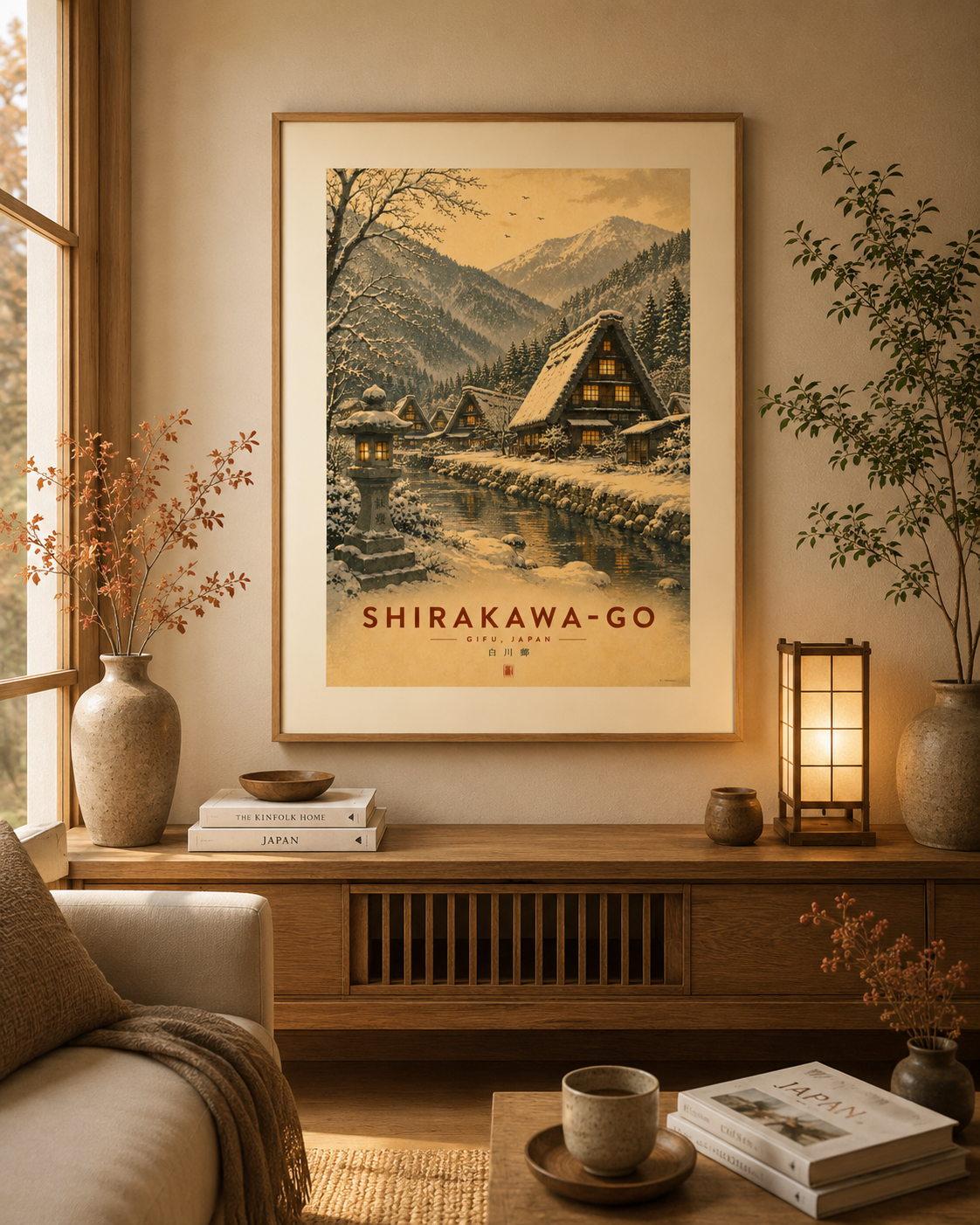Framed Shirakawa-go wall art displayed in a warm Japandi-inspired interior with natural wood furnishings and cosy neutral tones.