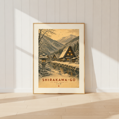 Vintage Shirakawa-go travel poster featuring snow-covered Japanese farmhouses, mountain landscapes and peaceful winter scenery in Gifu, Japan.