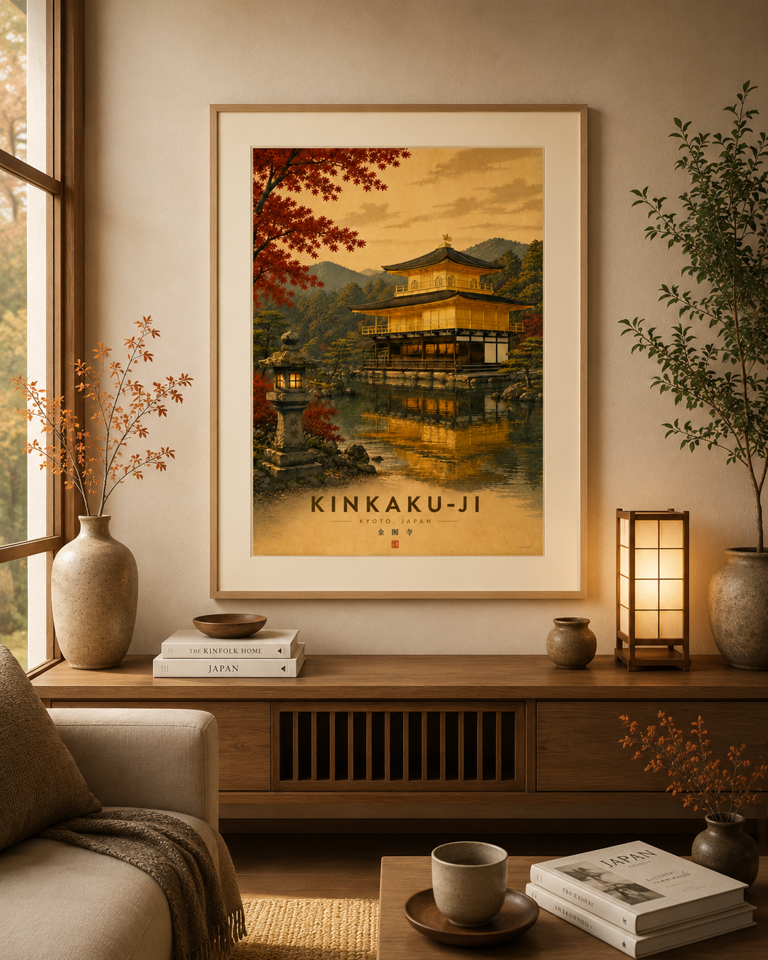 Framed Kinkaku-ji wall art displayed in a warm Japandi-inspired interior with natural wood furnishings and neutral tones.
