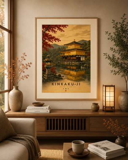 Framed Kinkaku-ji wall art displayed in a warm Japandi-inspired interior with natural wood furnishings and neutral tones.