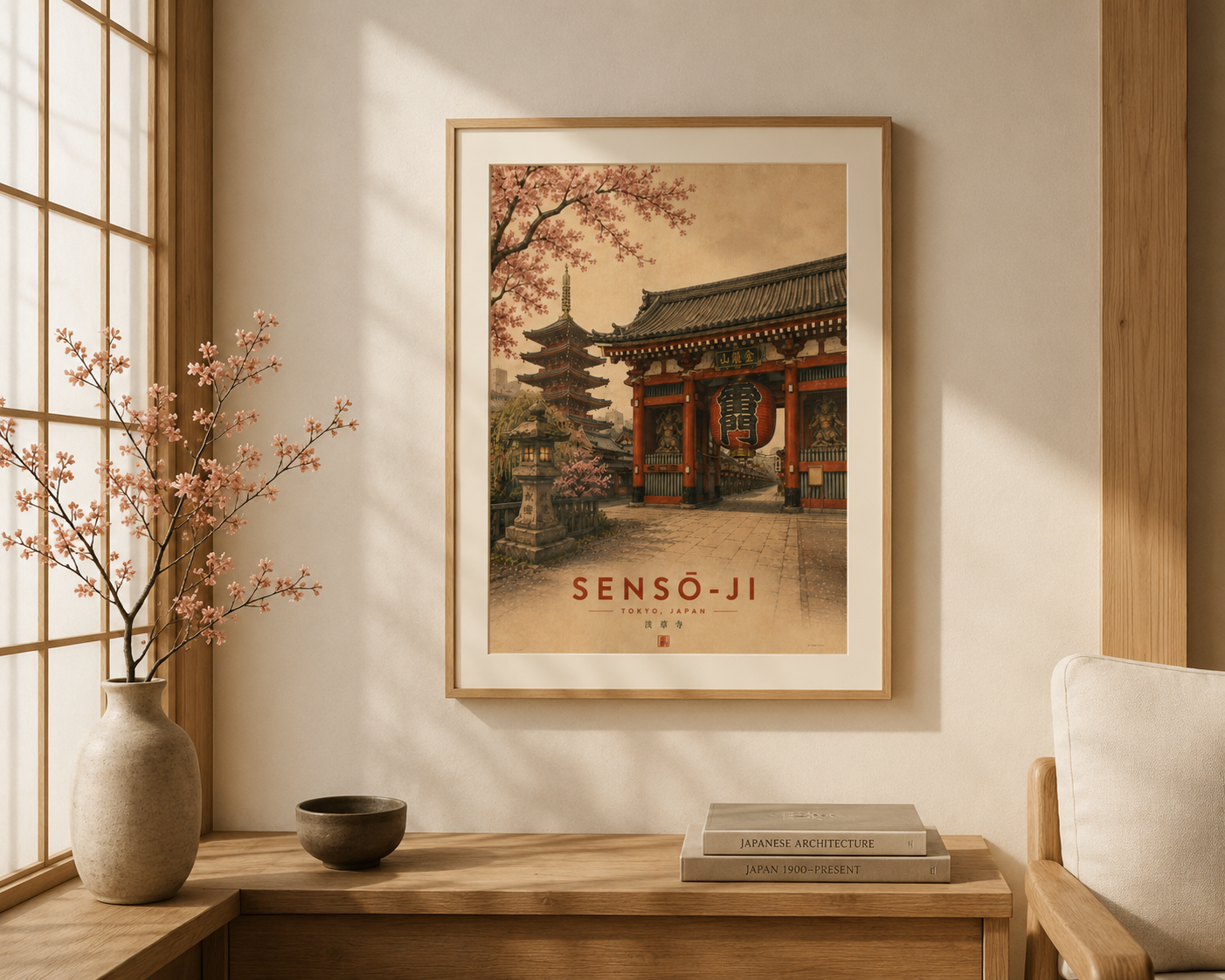 Unframed vintage Senso-Ji Temple Tokyo Japan wall art print from the Japanese Landmarks Collection by KG Print Boutique featuring cherry blossoms and traditional Japanese architecture.