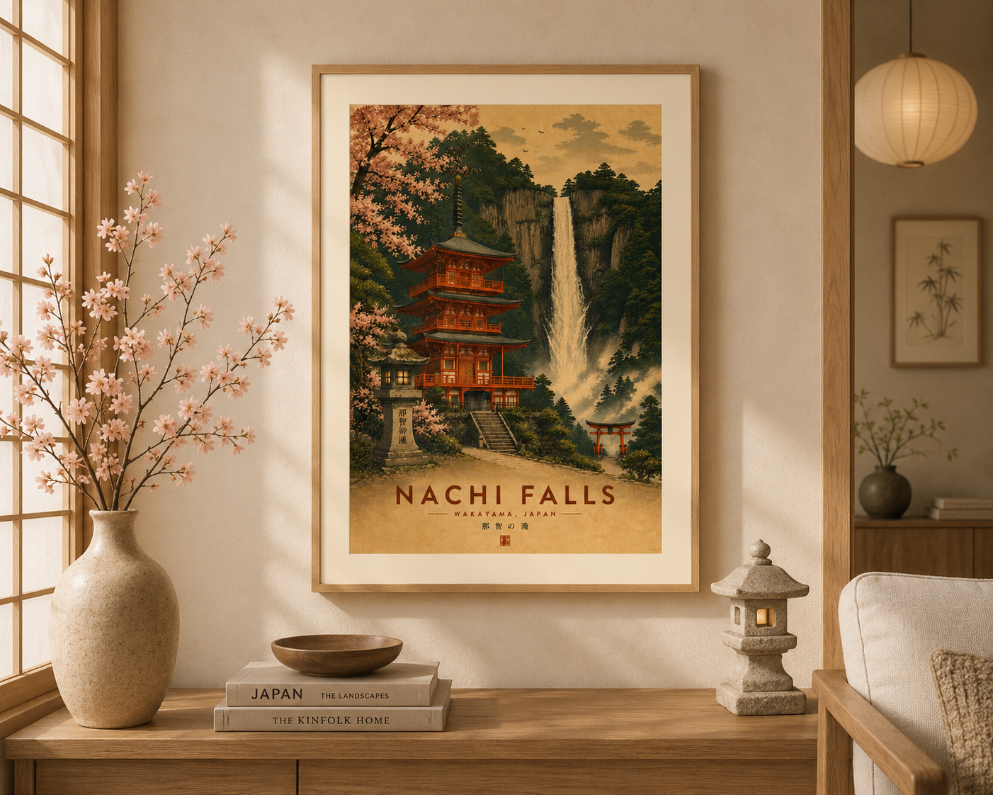 Japanese travel poster of Nachi Falls and Seiganto-ji Pagoda in Wakayama, featuring cherry blossoms and traditional architecture. Unframed wall art by KG Print Boutique.