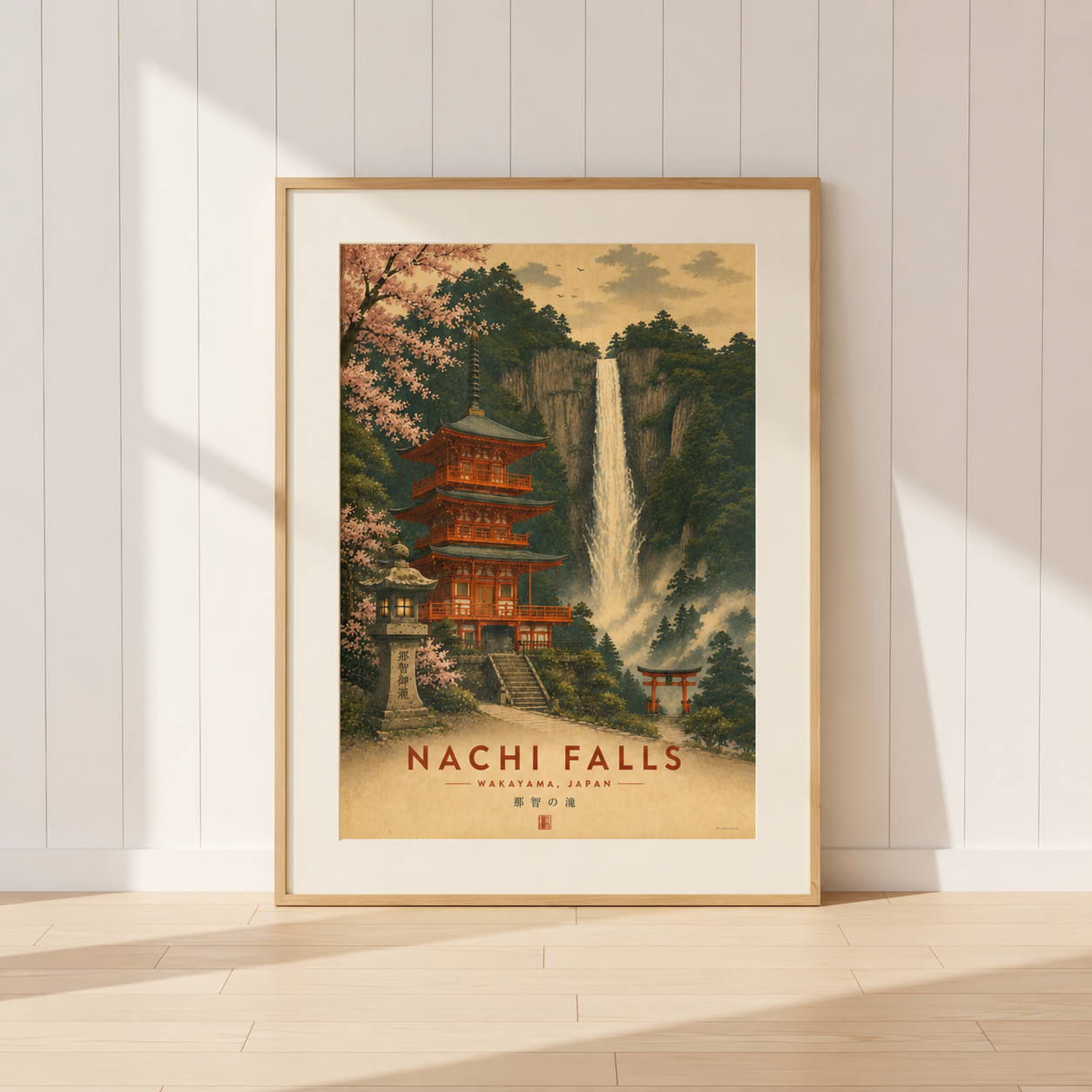Vintage-inspired Nachi Falls poster depicting Seiganto-ji Temple and waterfall in Wakayama, Japan. Unframed Japanese landscape wall art from the collectible Japanese Landmarks Collection.