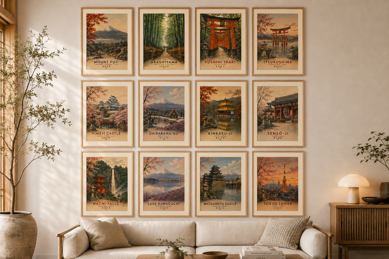 Gallery wall featuring the Japanese Landmarks Collection by KG Print Boutique, including Mount Fuji, Arashiyama Bamboo Forest, Fushimi Inari Shrine, Itsukushima Shrine, Himeji Castle, Shirakawa-go, Kinkaku-ji, Senso-Ji Temple, Nachi Falls, Lake Kawaguchi, Matsumoto Castle and Tokyo Tower. Vintage-inspired unframed Japanese travel posters designed to complement each other beautifully.