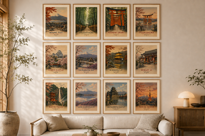 Gallery wall featuring the Japanese Landmarks Collection by KG Print Boutique, including Mount Fuji, Arashiyama Bamboo Forest, Fushimi Inari Shrine, Itsukushima Shrine, Himeji Castle, Shirakawa-go, Kinkaku-ji, Senso-Ji Temple, Nachi Falls, Lake Kawaguchi, Matsumoto Castle and Tokyo Tower. Vintage-inspired unframed Japanese travel posters designed to complement each other beautifully.