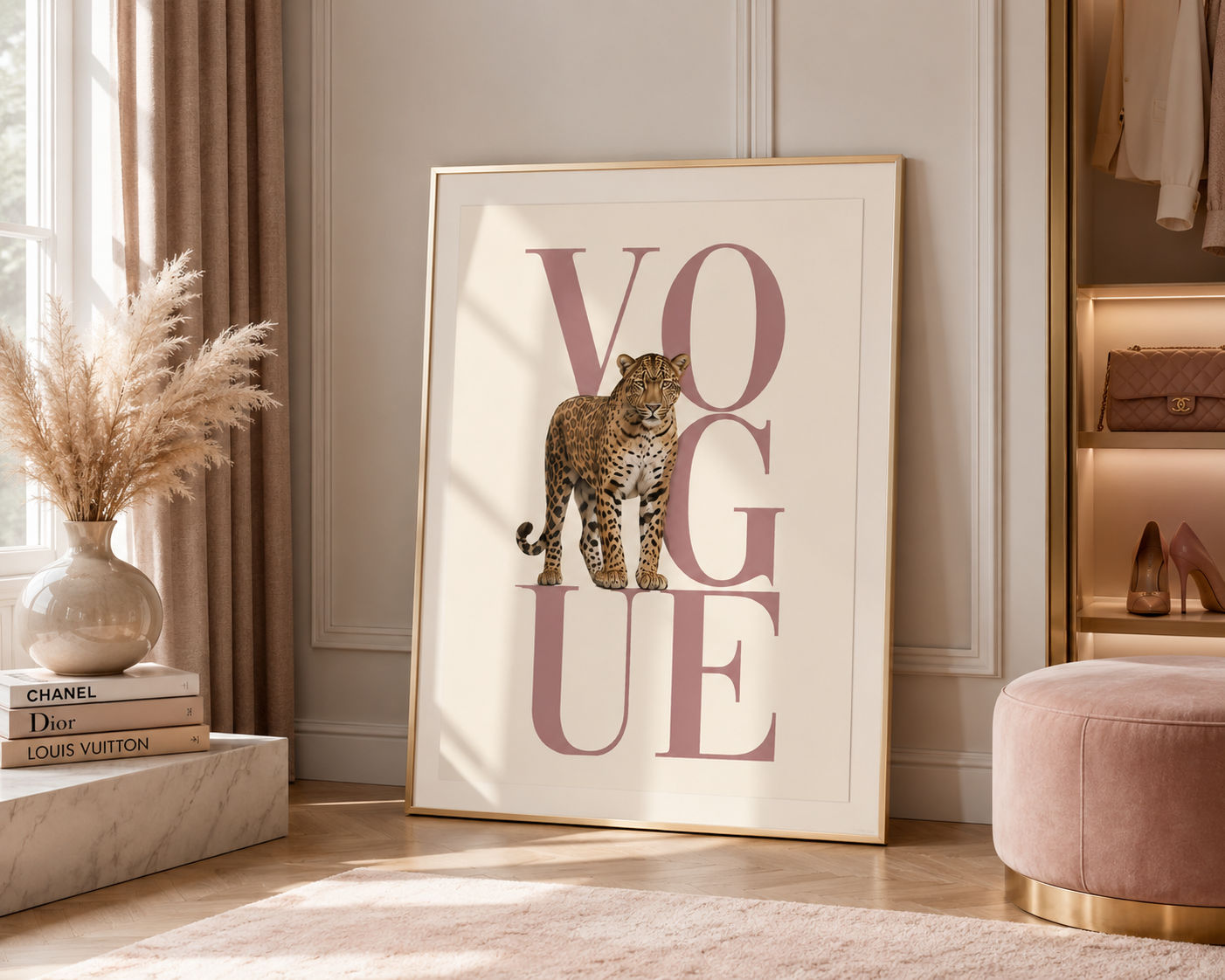 Designer inspired leopard fashion print showcased in a chic blush pink interior with gold accents and luxury home accessories.