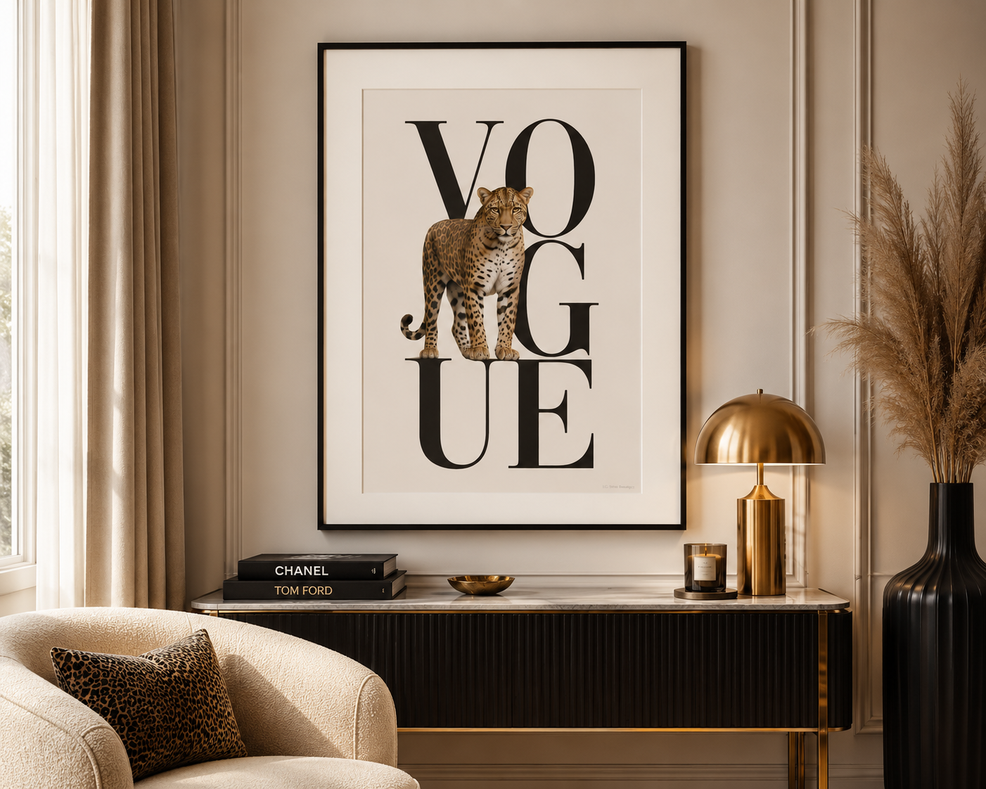 Contemporary leopard wall art print with black Vogue typography and neutral tones, ideal for gallery walls, living rooms and walk-in wardrobes with luxury home décor styling.