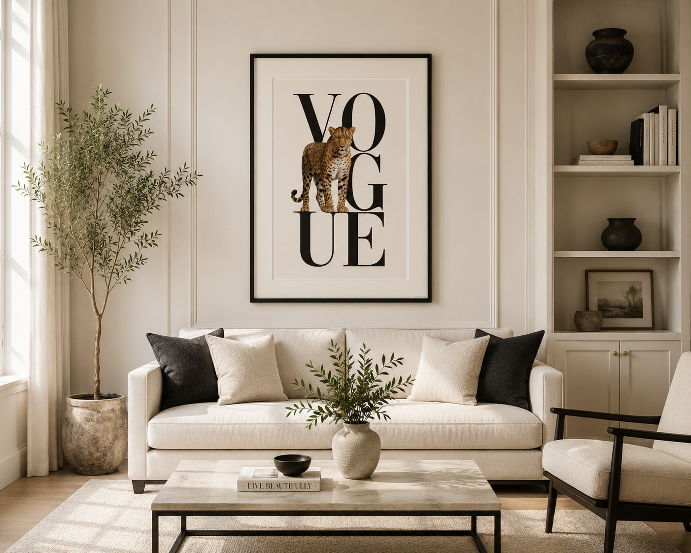 Designer-inspired fashion wall art with bold Vogue lettering and a leopard standing across the centre, creating a sophisticated statement piece for modern bedrooms, dressing rooms and luxury interiors.