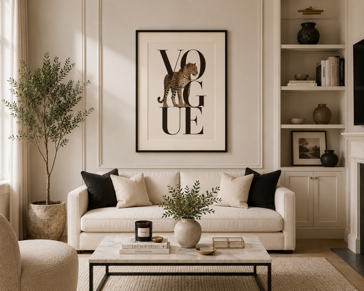 Designer-inspired fashion print with elegant Vogue lettering and a striking leopard, creating a sophisticated statement piece for bedrooms, dressing rooms and luxury interiors.